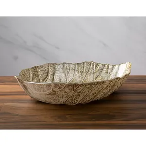 Premium Sculptural <b>Metal</b> Fruit <b>Bowl</b> with Asymmetric Organic Construction and Warm Brass Inspired FinishLeaf Shaped Ceramic Decor - Product Image 2