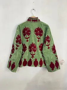 Handmade Green Red <b>Velvet</b> Boho Jacket <b>Women</b> Embroidered Ethnic Short <b>Coat</b> Stand Collar Winter Autumn Wear - Product Image 4