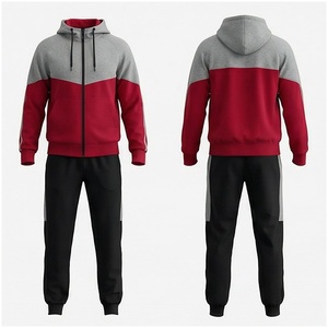 Conjunto Deportivo con Capucha para Hombre, Color Gris y Rojo, Bloques de Color, Manga Larga, Cierre Frontal con Cremallera, Bolsillos Laterales, Ropa Casual de Otoño - Product Image 1