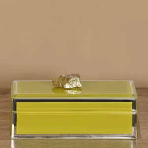 Lime Green Glass Jewelry Storage Box with Natural Stone Accent <b>Gold</b> Edging Glossy Finish Soft Lining Decorative Keepsake - Product Image 1