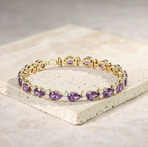 Pear Cut Natural Amethyst Stone <b>Bracelet</b> in 925 Sterling Silver Gold Plated Luxury Tennis Jewelry for Women's Party Occasions - Product Image 5