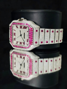 Luxury VVS Moissanite Iced Out Watch Automatic Pink Ruby Diamond Bezel Square <b>Face</b> Roman Numerals Hip Hop Jewelry Timepiece - Product Image 2