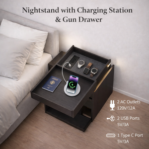 Mesita de Noche Inteligente con Estación de Carga, Puertos USB y Tipo-C, Cargador Inalámbrico, Luz LED y Cajón Oculto con Cerradura - Product Image 4
