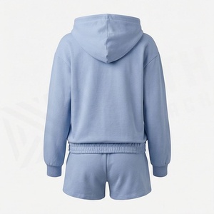 Conjunto de Sudadera con Capucha y Pantalones Cortos de Felpa Azul para Mujer, con Estampado de Corazones Dorados, Corte Holgado Informal, Cierre de Cremallera Frontal, Traje Deportivo de 2 Piezas para Primavera/Verano - Product Image 2