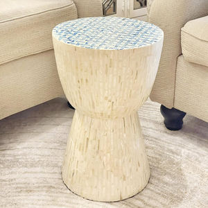 Natural Shell Mosaic Hourglass Accent <b>Stools</b> Mother of Pearl Stylish Hand Made <b>Wooden</b> <b>Stool</b> White Body Blue Top - Product Image 4