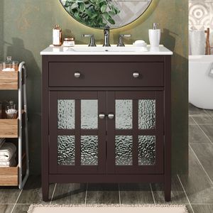 Mobile da Bagno da 30 Pollici con Gambe in Legno Massello e Lavabo in Ceramica, Dotato di Ripiano Regolabile e Vassoio Estraibile - Product Image 1