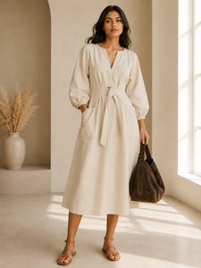 Robe Bohème Minimaliste en Coton avec Ceinture – Élégante Robe Longue Unie à Manches Courtes Respirante Coupe Trapèze pour Femme - Product Image 4