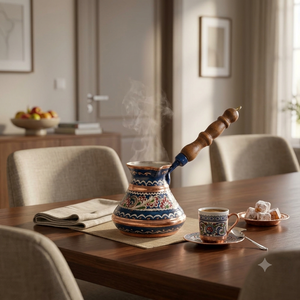 Cezve turque en cuivre émaillé bleu cobalt fait main, motif floral ottoman, Briki grec, pour cuisinière, avec poignée en bois - Product Image 5