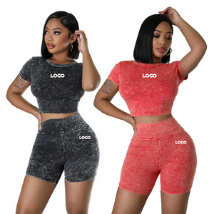 Women's Acid Wash Sets High-Waisted O-Neck Casual Fashionable Summer Polyester Above <b>Knee</b> Length Skinny Fit Workout washed Sets - Product Image 1