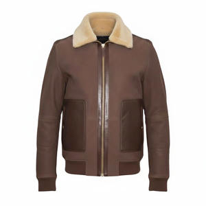 Veste en cuir pour homme, logo personnalisé, col rabattu, véritable daim de mouton, fermeture éclair, style streetwear. - Product Image 1