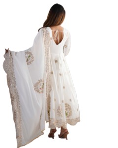 Salwar Kameez en soie blanche, longueur au sol, avec dupatta brodé, tenue traditionnelle indienne et pakistanaise pour mariage, robe Anarkali pour femmes - Product Image 5