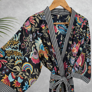 เสื้อคลุมกิโมโนผ้าฝ้ายลายดอกไม้สำหรับผู้หญิง เสื้อคลุมอาบน้ำแขนยาวนุ่มสบาย ความยาวระดับเข่า |   ชุดลำลองฤดูร้อนและฤดูใบไม้ผลิสไตล์อินเดีย-ปากีสถาน - Product Image 1