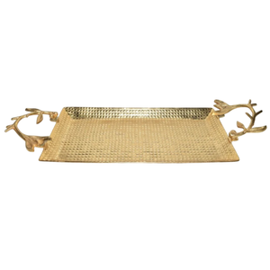 Elegante Bandeja Ovalada de Acero Inoxidable Martillado con Diseño de Enredadera Dorada, Plato Decorativo de Metal con Asas de Concha Dorada a Bajo Precio - Product Image 6