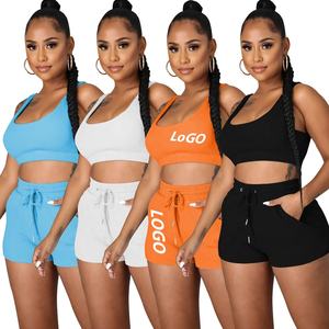 ชุดวอร์ม2ชิ้นของผู้หญิงสำหรับฤดูร้อนเสื้อกล้ามแขนกุด & เหนือเข่ามีกระเป๋ากางเกงขาสั้นสีทึบลำลองสวมใส่ปกติ - Product Image 1