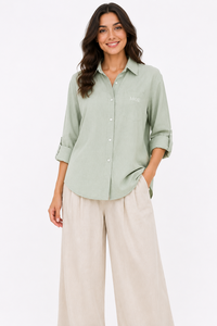 Custom Oversized Button Down women's shirt Custom Logo Loose Fit <b>Top</b> Casual Three Quarter Roll Up Sleeve Cotton Turn-down Collar - Product Image 5