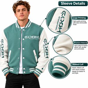 Chaqueta Varsity para Hombre en Verde Azulado y Blanco, Estilo Letterman con Bloques de Color, Cierre de Botones a Presión y Logotipo en la Manga - Product Image 3