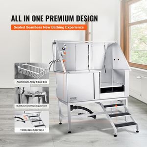 Professional 50\" Stainless Steel <b>Dog</b> Grooming Tub with Stairs Faucet & Soap Box Rich Accessory <b>Dog</b> <b>Bathing</b> Station - Product Image 3