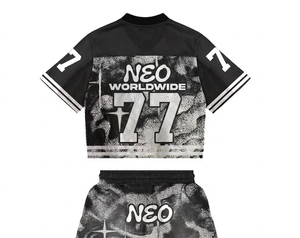Ensemble de survêtements en maille noir et blanc avec impression par sublimation, streetwear, short et haut à col en V, respirant, polyester, unisexe, adulte, été - Product Image 4