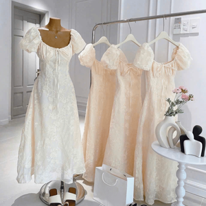 Robe longue décontractée en coton mélangé tissé uni pour femme, col rond, manches lanternes, coupe ajustée, respirante, taille naturelle en soie, vente en gros - Product Image 1