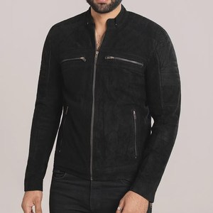 Chaqueta de cuero de gamuza negra para hombre, con cuello alto, cremallera, estilo motero, transpirable, a prueba de viento, ropa de abrigo de invierno, personalizada - Product Image 2