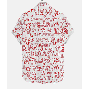 เสื้อเชิ้ตฮาวายแขนสั้นผ้าโพลีเอสเตอร์ระบายอากาศได้ดีสำหรับผู้ชาย ปกคอปกพับได้ พิมพ์ลายสวัสดีปีใหม่ เหมาะสำหรับวันหยุดฤดูร้อน - Product Image 2