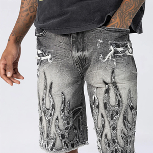 Pantalones Cortos de Mezclilla Personalizados con Estampado de Llamas en Gris Lavado Ácido, Estilo Vintage, para Hombre, Desgastados y Rotos, con Logotipo Personalizado, Estilo Urbano, Corte Ajustado - Product Image 5