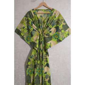 Vestido Kaftán de Algodón con Estampado de Bloques para Mujer, Estilo Bohemio, Maxi Floral, Ropa de Playa de Verano, Cintura Natural, Ecológico, Cómodo, para Resort - Product Image 3