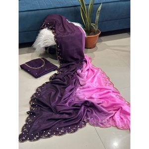 ผ้าส่าหรีผ้าไหมสำหรับงานชายแดนมือพร้อมเสื้อเบลาส์แบบยังไม่ได้เย็บ - Product Image 1