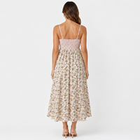 Robe midi bohème florale en coton tissé pour femme, col en V, volants, imprimé artisanal, corsage smocké, bretelles spaghetti, sans manches, coupe ample