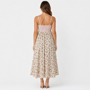 Women Floral Woven Cotton Midi Dress with Ruffles Smocked Bodice <b>Spaghetti</b> <b>Strap</b> Sleeveless Summer Resort Wear - Product Image 2