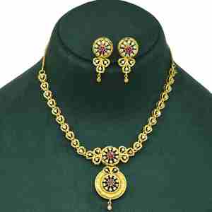 Colliers courts plaqués or 14K, 18K, 24K avec pierres AD et rubis, design traditionnel, ensemble de bijoux de mariée tendance, vente en gros - Product Image 1