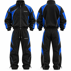 Ensemble de survêtement personnalisé pour homme, noir et bleu, avec veste zippée color block et pantalon de jogging, style athlétique streetwear, vente en gros OEM, vêtements de sport - Product Image 6
