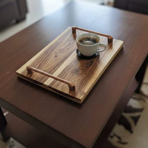Bandeja de servir de madera hecha a mano con asas de metal, decoración rústica para el hogar - Product Image 1