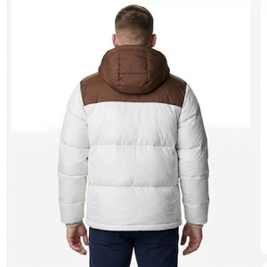 <b>Men</b> <b>White</b> Brown Color Block Hooded <b>Puffer</b> <b>Jacket</b> Windproof Winter Warm Insulated Zipper Closure Casual Outdoor Coat - Product Image 1