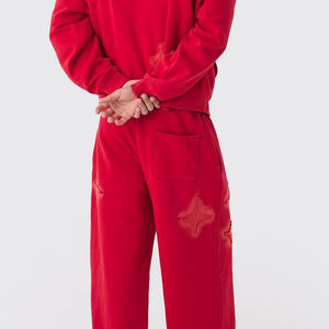 Ensemble de survêtement à capuche rouge, coupe longue, uni, décontracté, style automne, 100% coton, coupe classique, unisexe adulte, écologique - Product Image 3