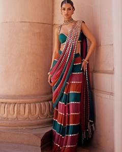 Sari de Georgette Sintético Estilo Bollywood con Forro Estampado Patta, Trabajo de Espejo Original y Blusa Sin Coser de Seda Mono Banglori - Product Image 3