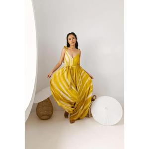 Womens Yellow Plaid <b>Boho</b> Maxi Dress Sleeveless V Neck Flowy Beach Vacation Cotton Eco Friendly - Product Image 2