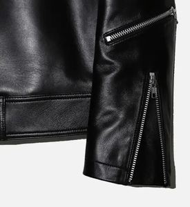 Blouson moto en cuir noir pour homme, col rabattu, fermeture éclair, coupe classique, couleur unie, style motard, vêtement d'automne - Product Image 3