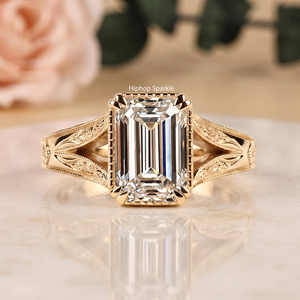 Vintage Gold Sterling <b>Silver</b> <b>Emerald</b> Cut Moissanite Engagement <b>Ring</b> Split Shank Prong Set Rhodium Plated Wedding Anniversary - Product Image 1