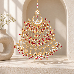 Jhumar nupcial estilo Kundan chapado en oro con cuentas rojas y perlas de imitación, joyería para el cabello pakistaní, suministro al por mayor de fábrica - Product Image 5
