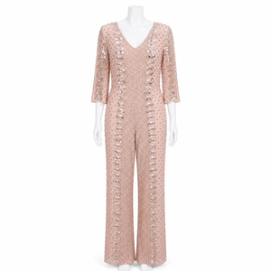 Combinaison pour femme rose poudré à sequins, col en V profond, jambes larges, tenue de soirée élégante, combinaison de cocktail, tenue de invitée de mariage, glamour - Product Image 1
