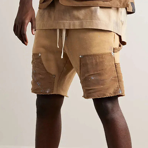 Shorts de charpentier en coton de haute qualité à double genouillère contrastante, patchwork, bords bruts, effet éclaboussures de peinture, en toile de coton lavée - Product Image 4