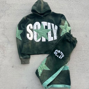 Customized 100% Cotton Applique Patch distressed <b>Embroidery</b> Flared Sweatpants and Hoodie <b>set</b> Street Acid Wash sun fade Tracksuit - Product Image 2