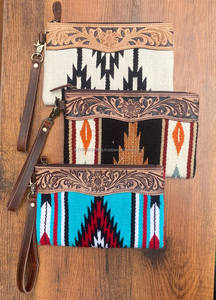 New Stylish Western Aztec Tooled Leather Wristlet <b>Clutch</b> <b>Vintage</b> Brown Tooling Purses Unique Aztec Quilted Leather Wristlet <b>Bag</b> - Product Image 4