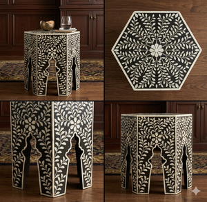Table d'appoint géométrique en résine avec incrustation d'os, table basse hexagonale luxueuse, design rayé, table de chevet moderne, meuble d'appoint haut de gamme - Product Image 5