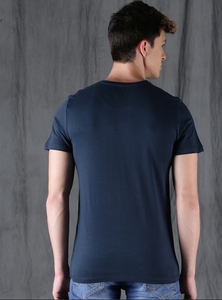 Chemise décontractée pour homme en coton 100% écologique, bleu marine, à double boutonnage, sans col, tricotée, à manches courtes, imprimée par transfert thermique - Product Image 3