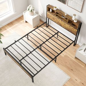 Full-Size Metal <b>Platform</b> <b>Bed</b> <b>Frame</b> with Storage Headboard Charging Station Bookcase-No Box Spring Needed - Product Image 4