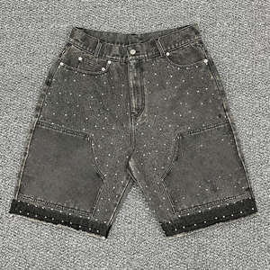 Shorts en jean épais délavés et déchirés pour homme, style vintage, streetwear, jorts tendance avec strass, coupe ample - Product Image 1