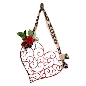 Valentine's Day Red Metal Scrollwork Heart <b>Wreath</b> with <b>Artificial</b> Roses and XOXO Ribbon Wall Hanging Decoration - Product Image 1