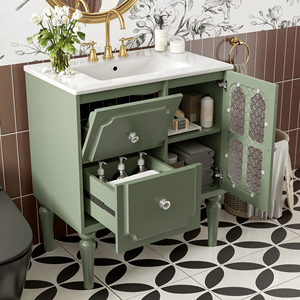 Retro Style 30\" Freestanding Single <b>Bathroom</b> <b>Vanity</b> with 2 Drawers Resin Sink Combo Solid Wood Frame Storage <b>Bathroom</b> <b>Vanities</b> - Product Image 3